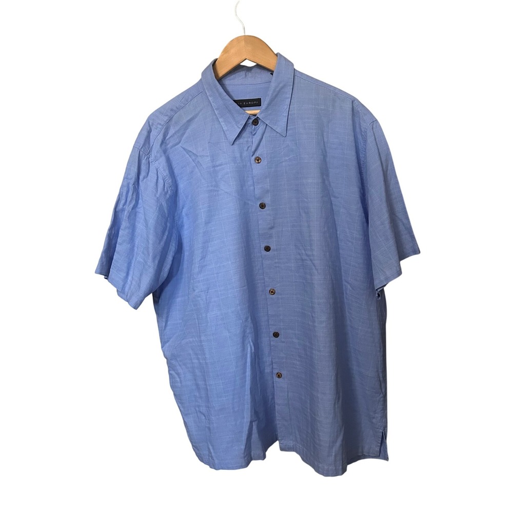 Via Europa Bamboo Blend Button Up Short Sleeve Shirt Light Blue XXL